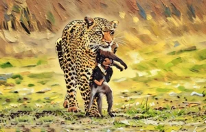 The AI Painting of A Leopard named Olimba just killed a Baboon by Sathish Kalathil